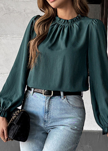 Blackish Green Ruffled Patchwork Chiffon Shirt Long Sleeve