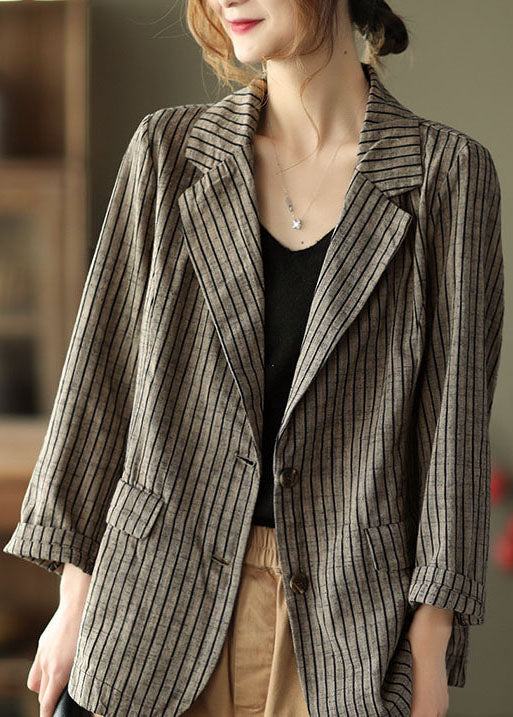 Light Button Pockets V Neck Striped Coats Long Sleeve