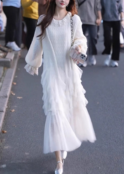 White Tulle Patchwork Maxi Dresses Butterfly Sleeve