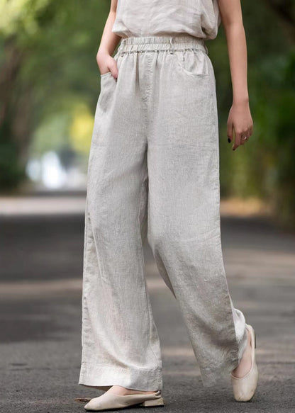 Linen Pockets Linen Summer Wide Leg Pants Elastic Waist