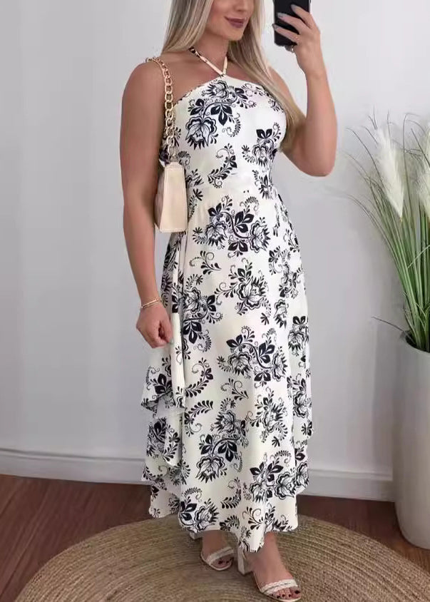 Organic Blue Halter Print Backless Cotton Dresses Summer