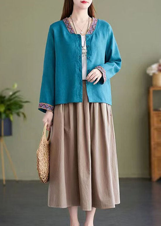 Blue V Neck Embroidered Patchwork Linen Shirts Top Spring