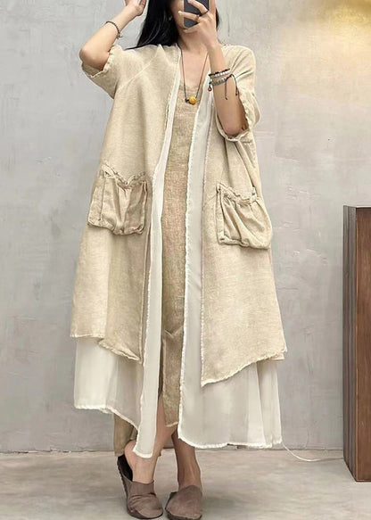 Apricot Loose Cotton Long Cardigan Pockets Half Sleeve