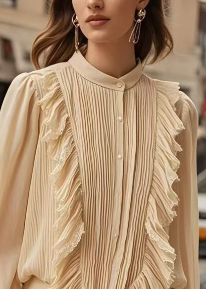 Apricot Patchwork Wrinkled Chiffon Formal Shirt Spring