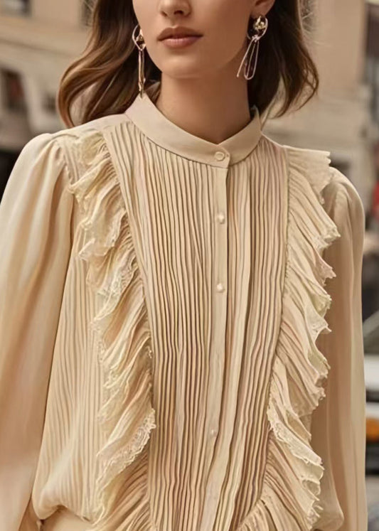 Apricot Patchwork Wrinkled Chiffon Formal Shirt Spring