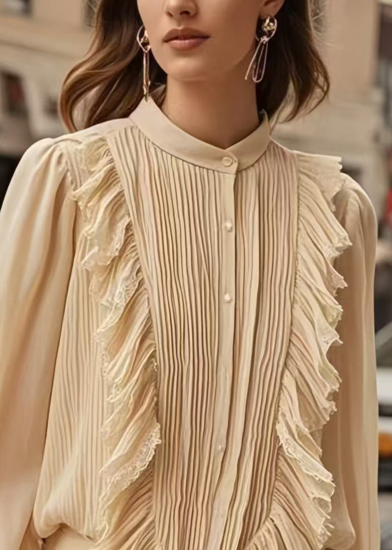 Apricot Patchwork Wrinkled Chiffon Formal Shirt Spring