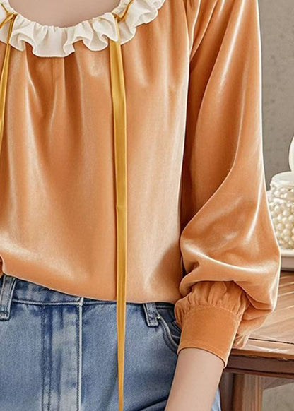 Orange Ruffled Patchwork Velour Shirt Top Fall