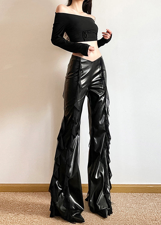 Original Black Tulle Ruffled Patchwork Faux Leather Flared Trousers Summer