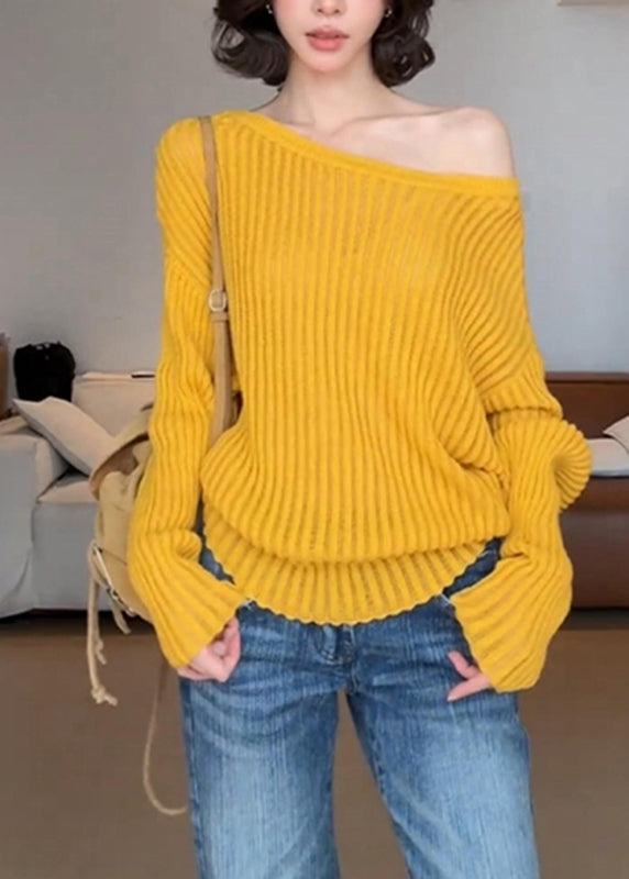 Blue One Shoulder Striped Hollow Out Cotton Knit Sweater Spring