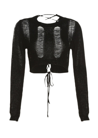 Spicy Girl Style Black Hollow Out Short Knit Top Long Sleeve