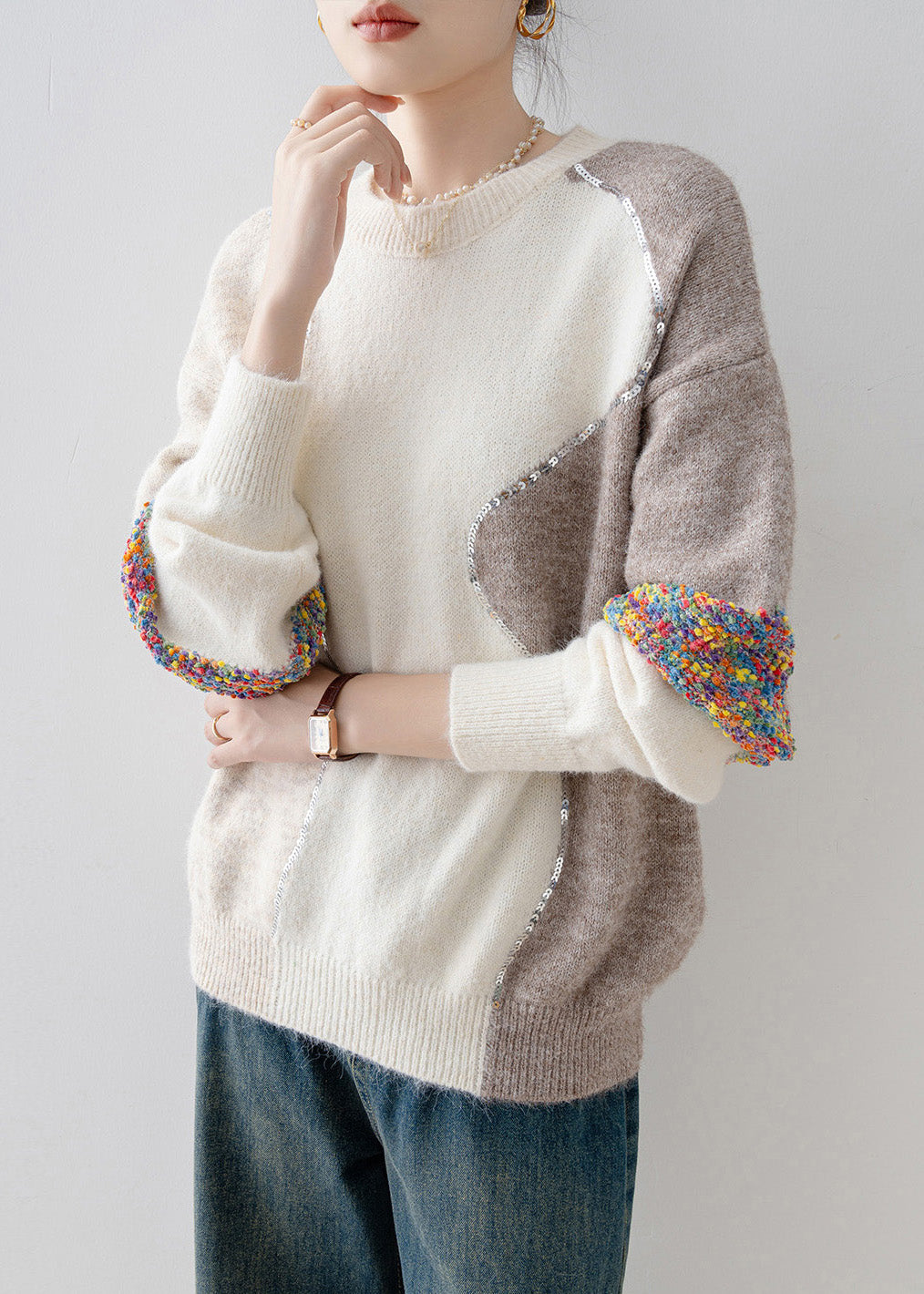 White O Neck Sequins Patchwork Knit Sweaters Spring