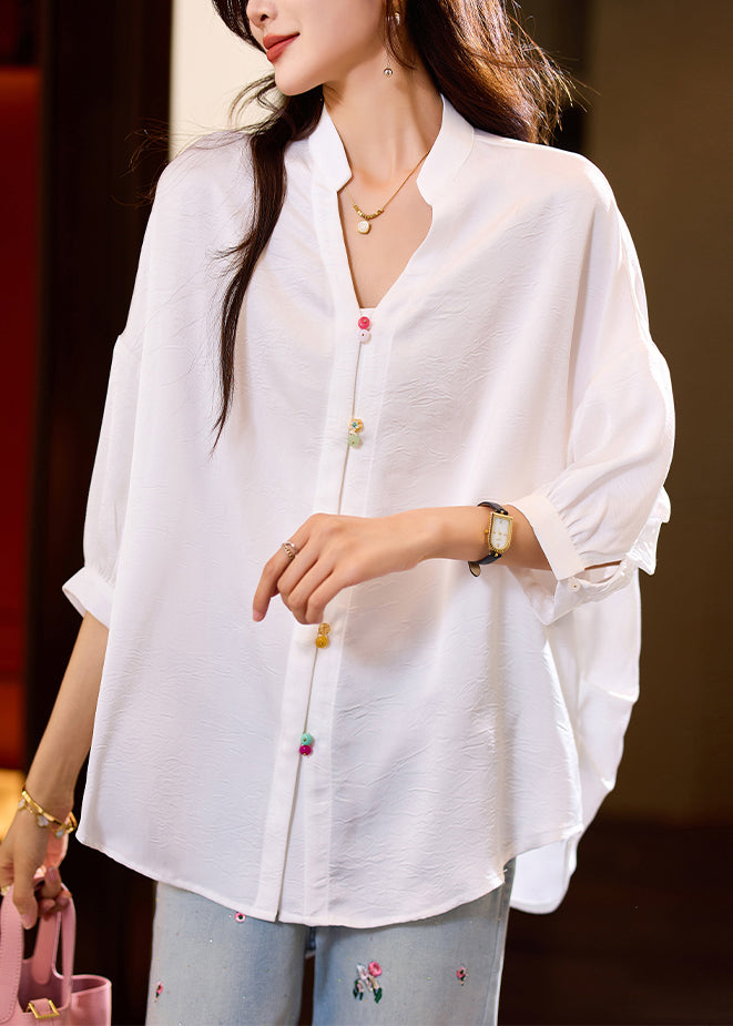 Loose White Ruffled Button Blouses Bracelet Sleeve