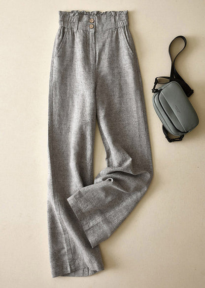 Blue High Waist Button Linen Straigh Pants Summer