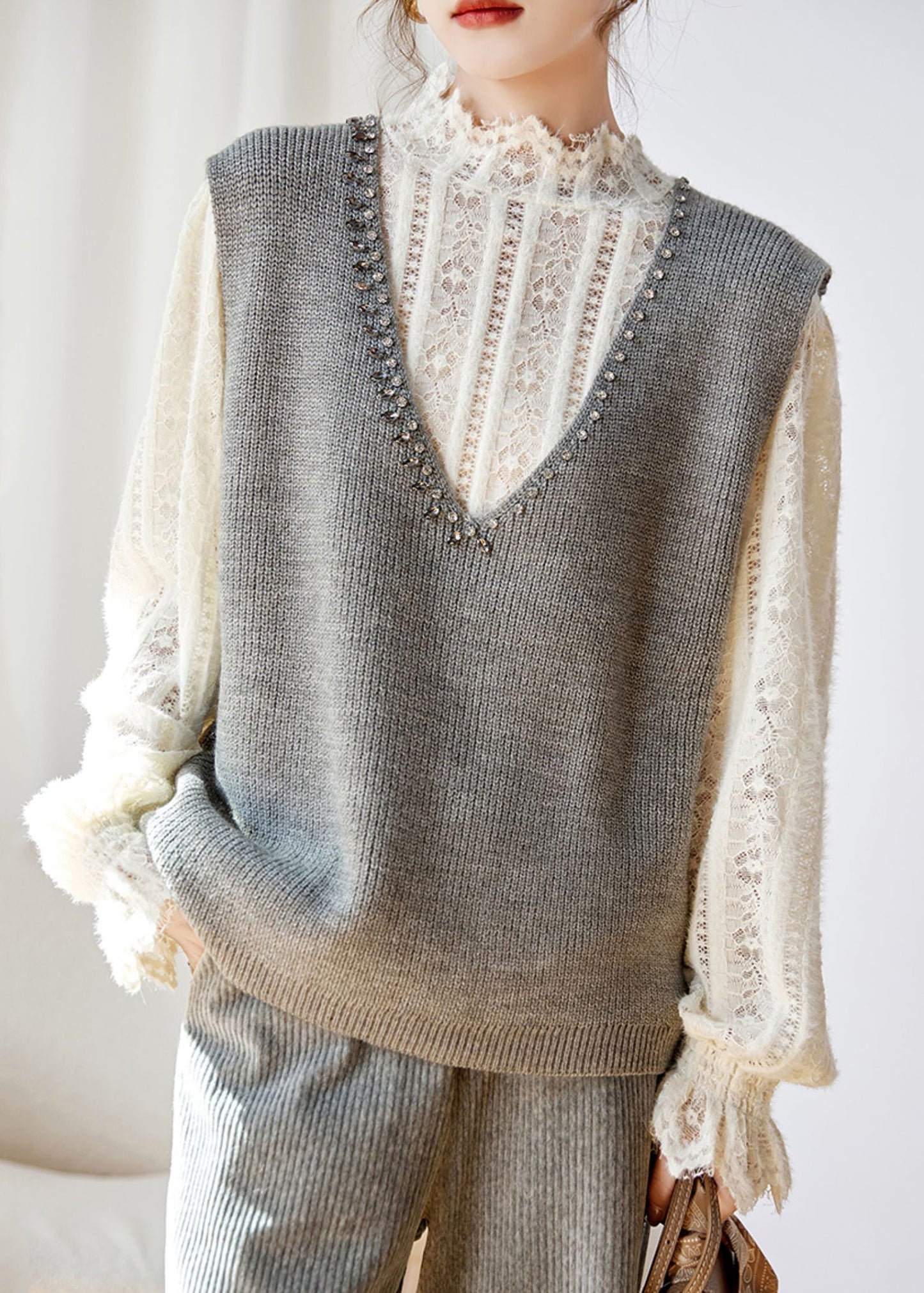 Grey V Neck Zircon Patchwork Knit Waistcoat Sleeveless