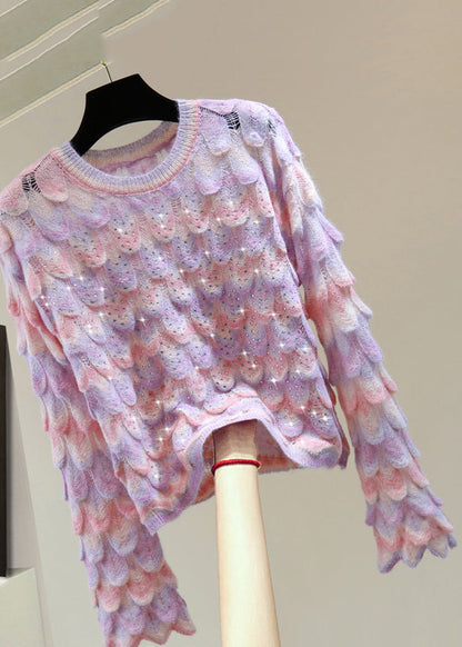 Blue O-neck Zippered Hollow Out Cotton Knit Sweater Flare Sleeve