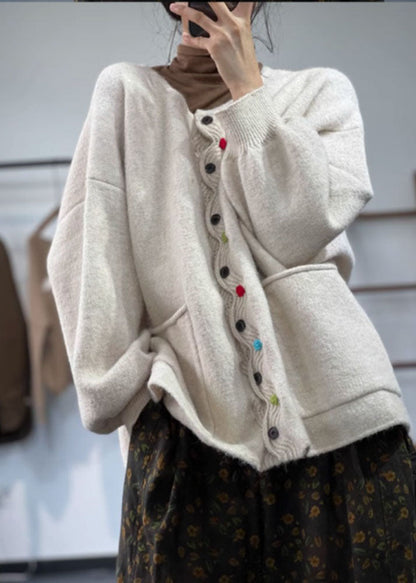 Green O Neck Pockets Button Knit Coat Spring