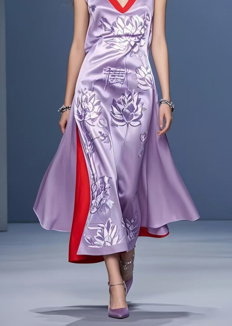 Style Lavender Print Side Open Silk Vacation Dresses Sleeveless
