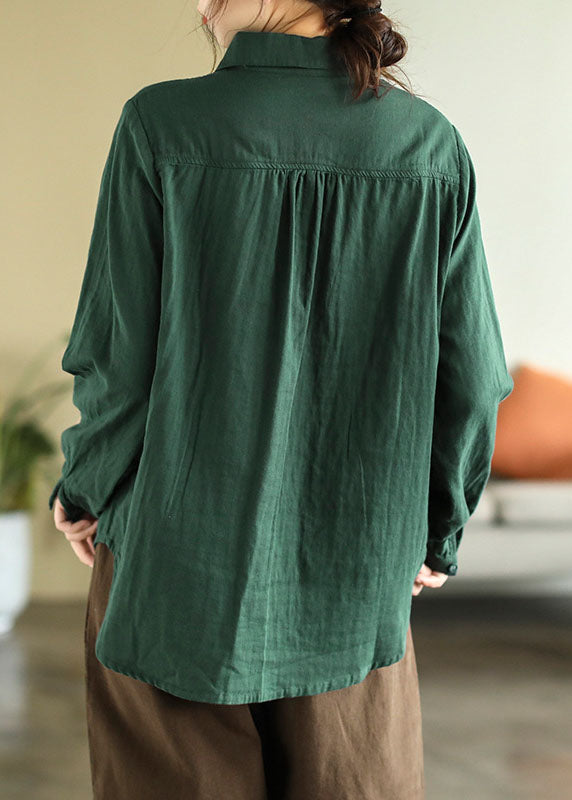 Green Slim Fit Cotton Blouse Top Peter Pan Collar Embroidered Spring