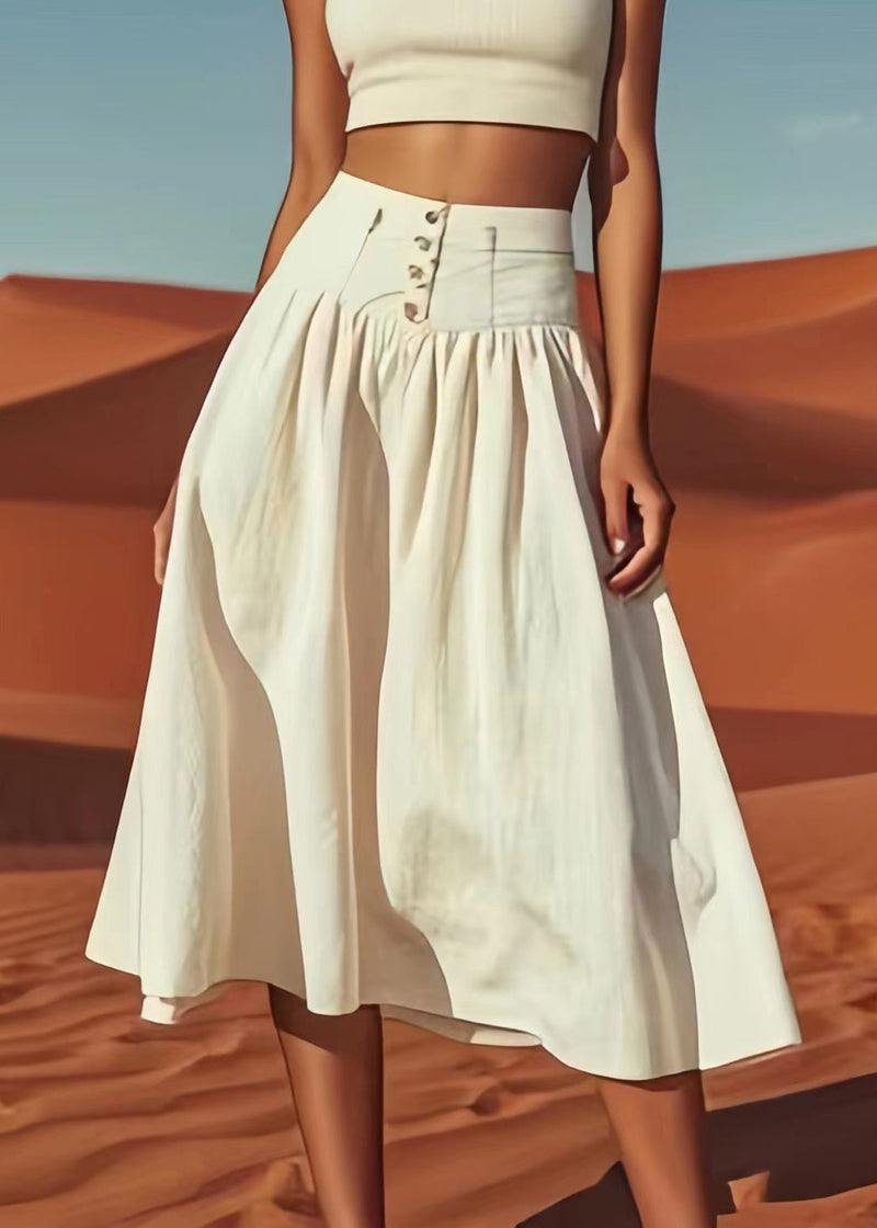 Beige Button High Waist Cotton Skirts Summer