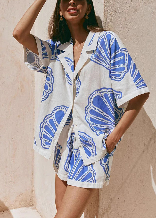 Loose Blue Print Tops and Shorts Two-piece Set Summer