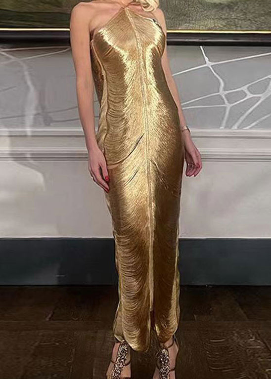 Stylish Gold Tassel Halter Silk Party Dress Summer