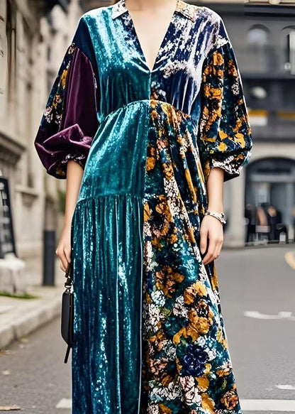 Colorblock V Neck Patchwork Silk Velvet Maxi Dresses Spring