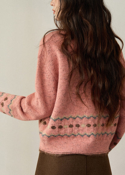Pink O-neck Print Button Cotton Knit Cardigans Fall