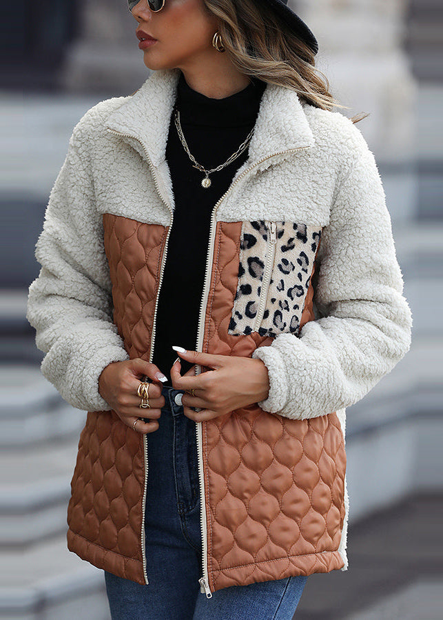 New Coffee Peter Pan Collar Patchwork Faux Fur Jackets Fall