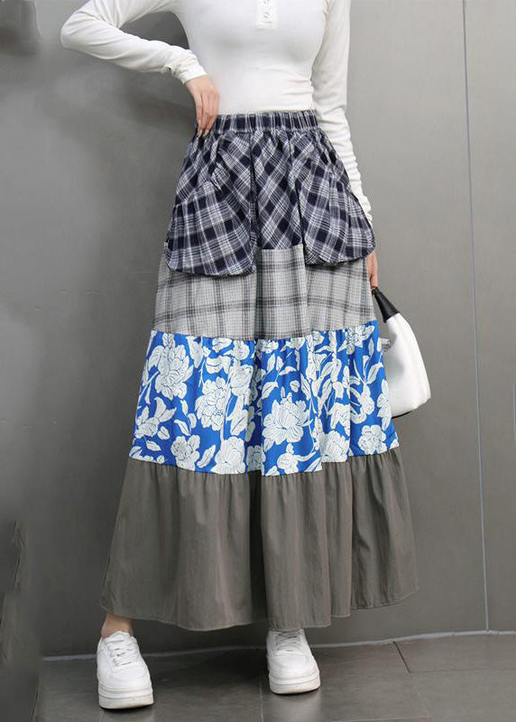 Colorblock Print Plaid Elastic Waist Maxi Skirts Spring
