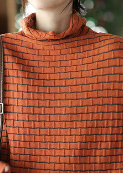 Orange Turtle Neck Striped Knit Sweaters Winter