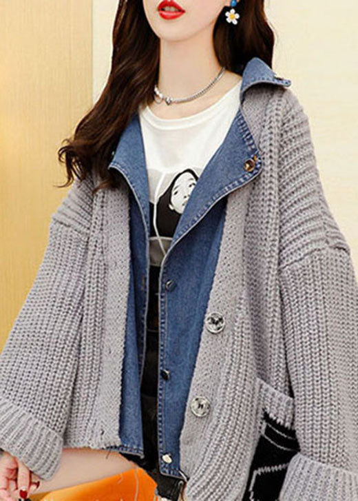 Stylish Grey Denim Patchwork Knit Fall Sweaters Coat