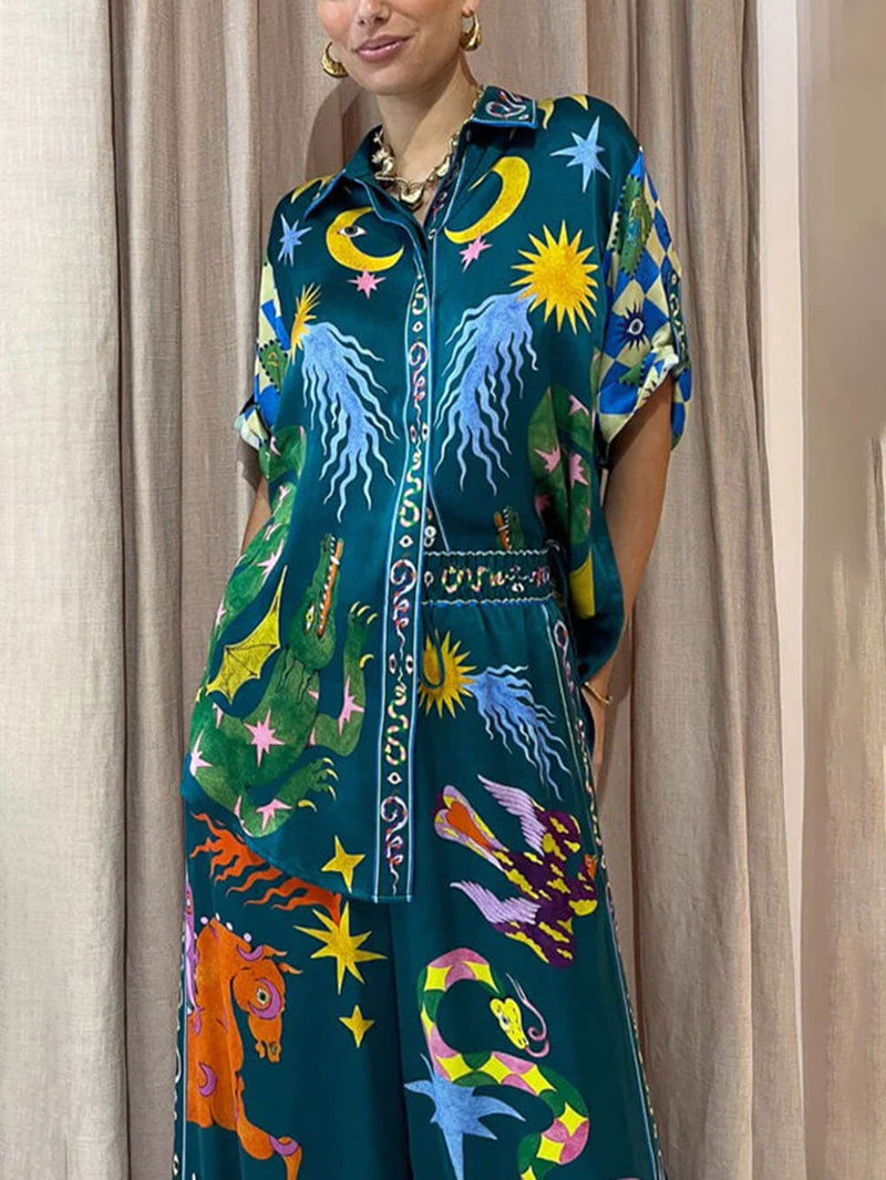 Loose Elastic Waist Unique Print Pocketed Wide Leg Pants Set