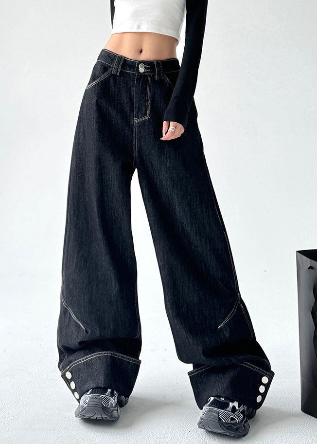 Black High Waist Patchwork Straight Denim Pants Spring