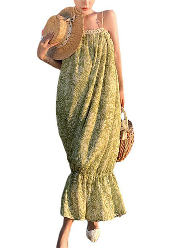 Green Print Cotton Spaghetti Strap Dress Summer
