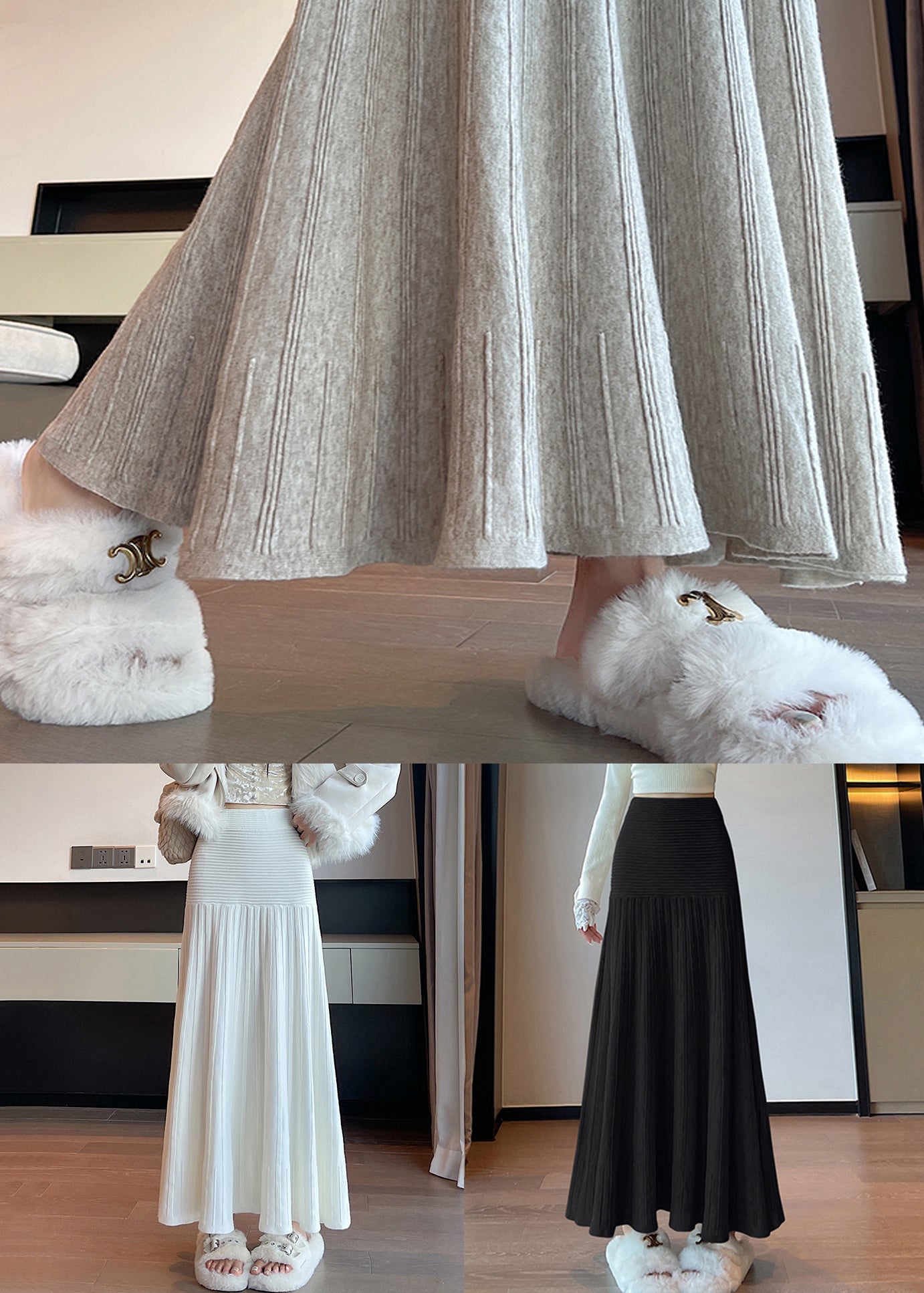 New White High Waist Knit Pleated Skirt