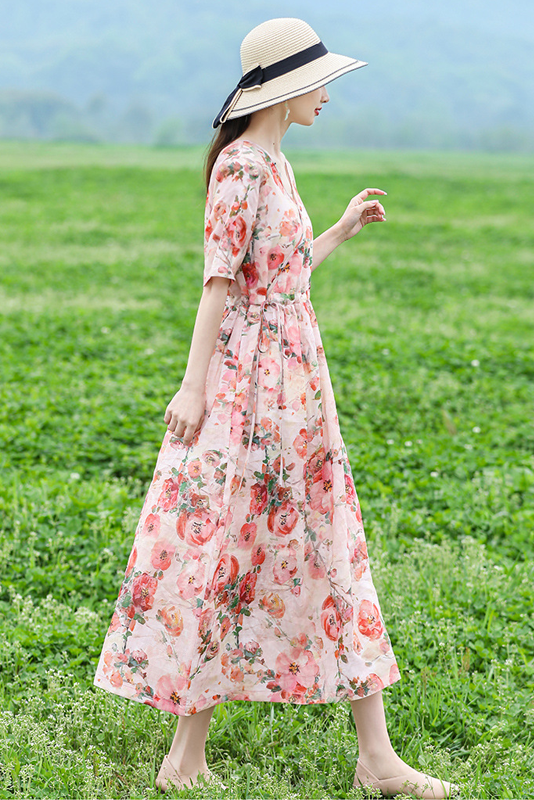 -summer Loose Ramie Maxi Dress Printed Short Sleeve Dress