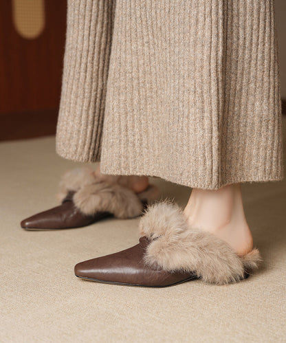 Black Cowhide Leather Comfy Splicing Flats Fuzzy Wool Lined