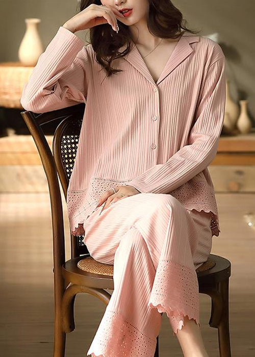 Pink Peter Pan Collar Hollow Out Cotton Pajamas Two Pieces Set Fall