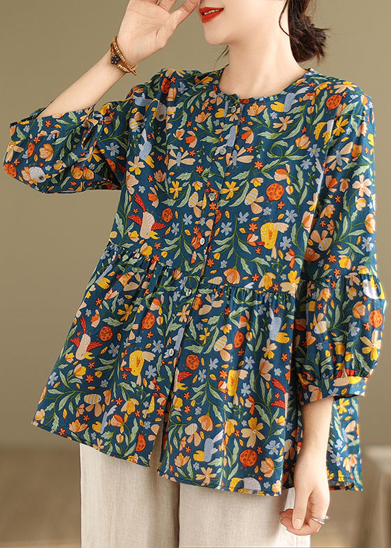Green Print Patchwork Wrinkled Tops Fall