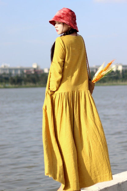 Embroidered Linen Dresses Long Sleeve Linen Caftans Gown for Fall/winter
