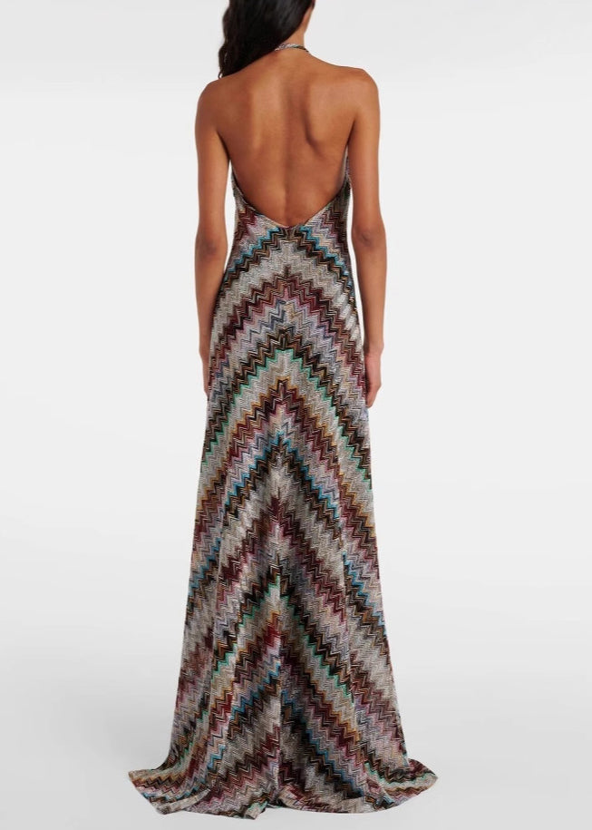 European and American Style Halter Backless Striped Knit Long Dresses Sleeveless