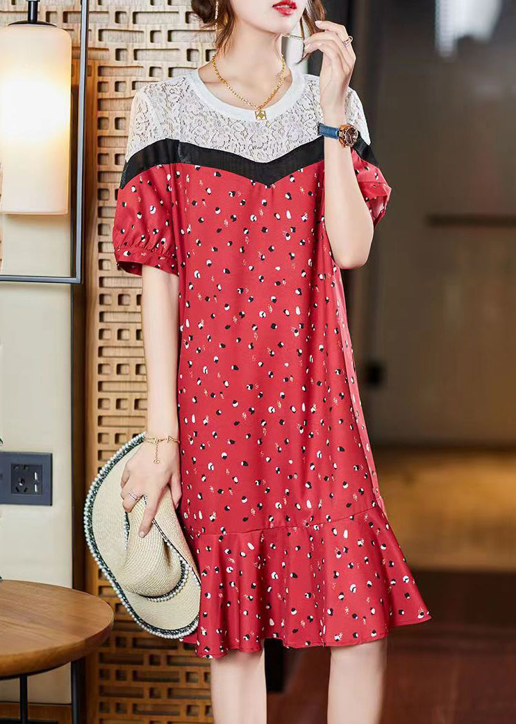 Stylish Red O-neck Lace Patchwork Long Dress Short Sleeve