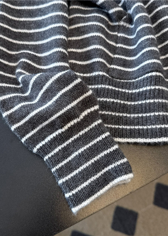 Grey Zip Up Striped Hooded Knit Coats Spring