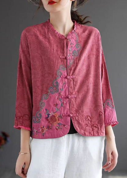Rose Embroidered Chinese Button Patchwork Cotton Top Spring