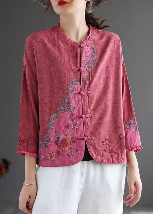 Rose Embroidered Chinese Button Patchwork Cotton Top Spring