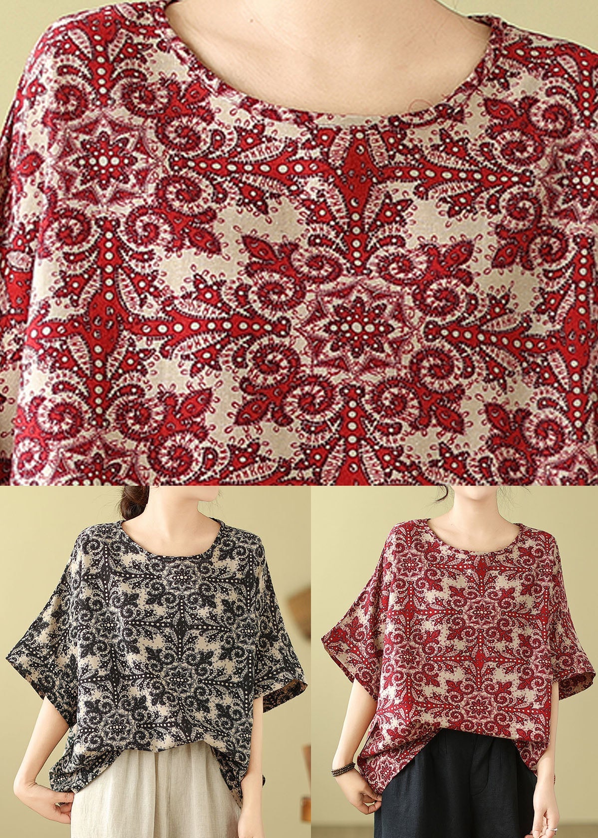 Red O Neck Print Cotton Blouse Top Summer