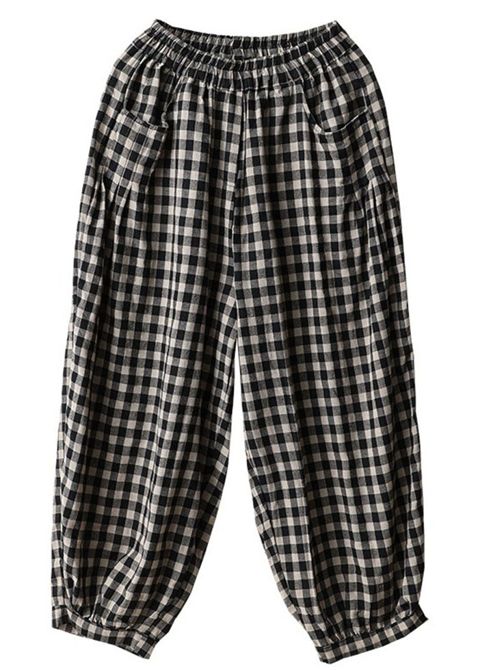 Black Plaid Pockets Linen High Waist Crop Pants Summer