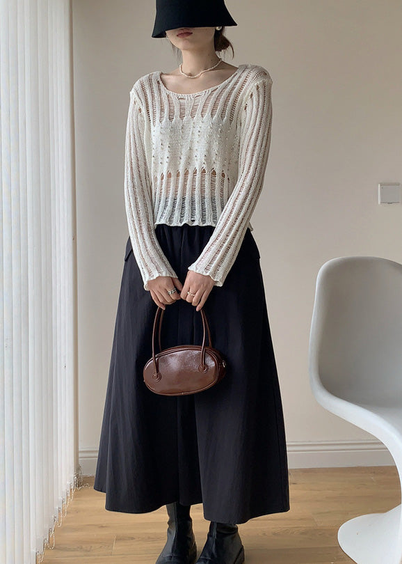 White Hollow Out Nail Bead Knit Sheer Tops Fall