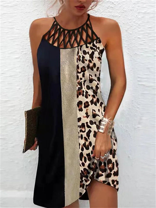 A Line Dress Knee Length Dress Leopard Black Blue Wine Dark Blue Sleeveless Print Print Summer Halter Neck