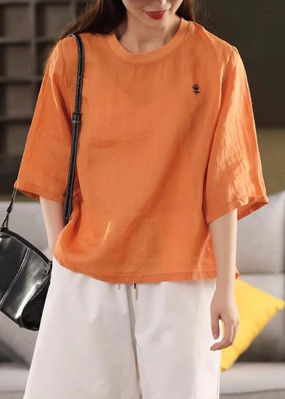 Orange O Neck Linen T Shirts Half Sleeve
